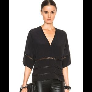 Maette Womens‎ Tunic Top Black 3/4 Sleeve V Neck Lace Pullover Blouse L